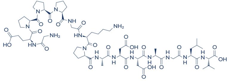 Chemical structure of BPC-157: A linear peptide composed of amino acids arranged in a specific sequence. The structure shows the connections between individual amino acids, illustrating the unique arrangement of the peptide.