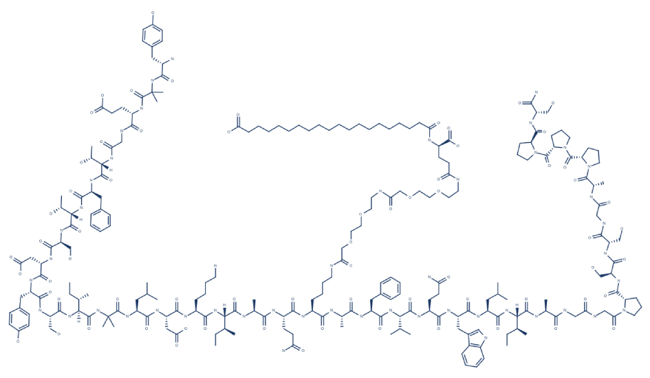 Molecular structure of tirzepatide, a chemical compound used in medical treatment. The structure consists of interconnected atoms forming distinct bonds and shapes.