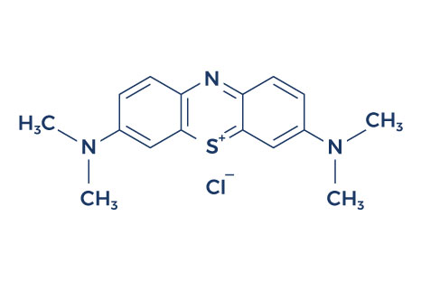 Chemical structure representation of Methylene Blue, showing its molecular arrangement and bonds.